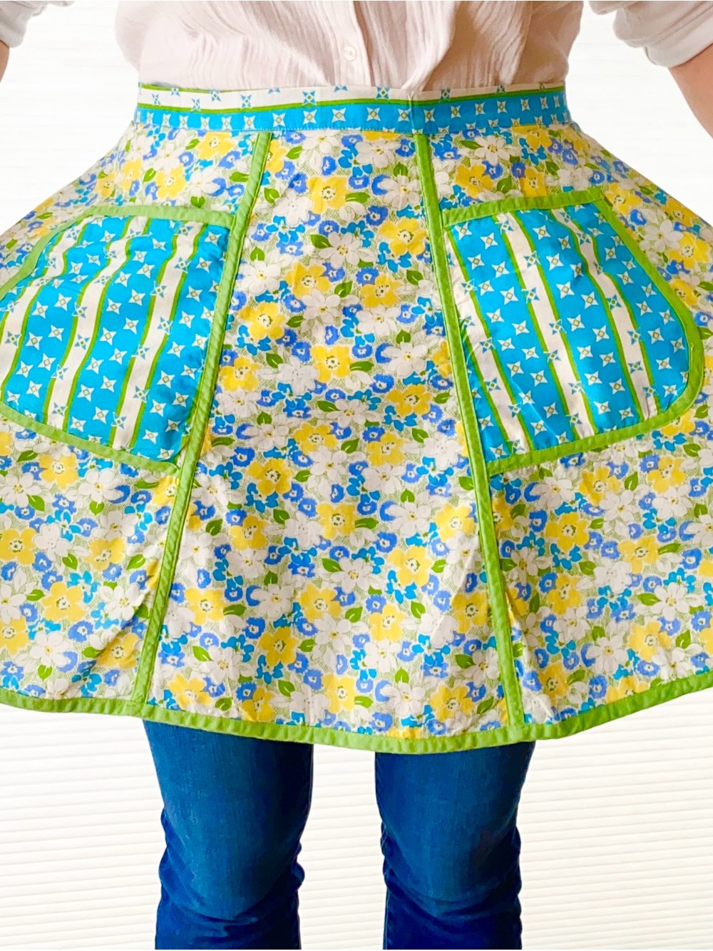 Bright Blue & Yellow Floral Half Apron with Green Trim
